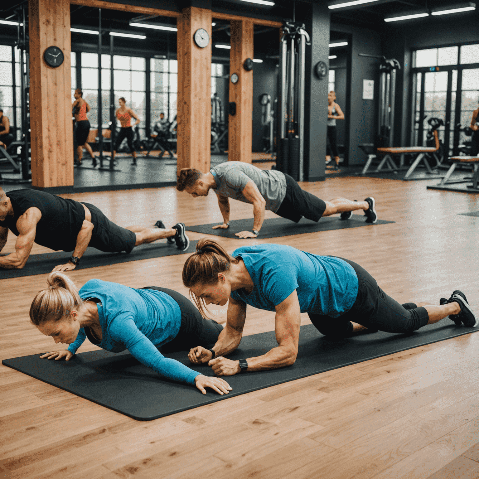 Five people demonstrating various core exercises including planks, Russian twists, and bicycle crunches in a bright, modern gym setting