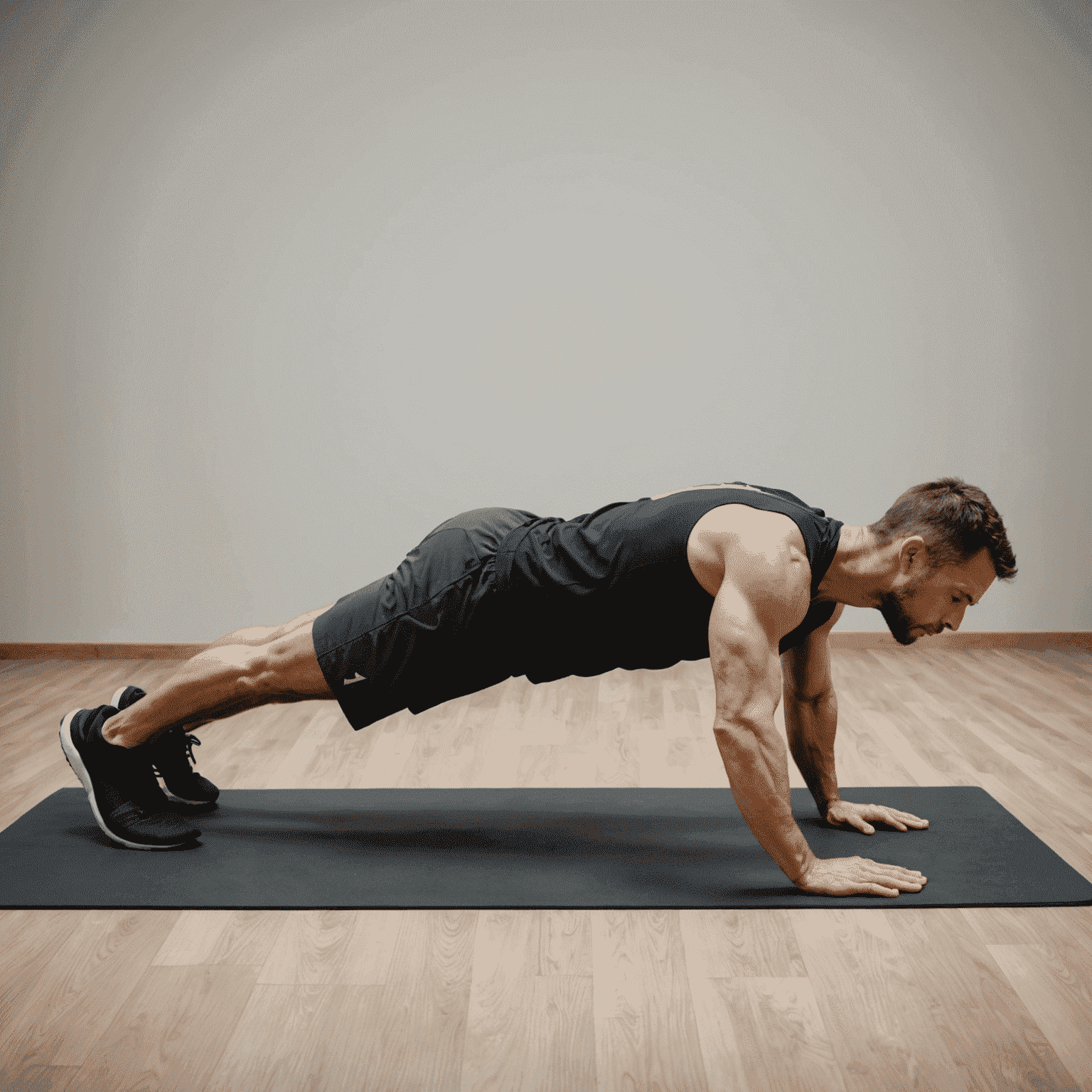 Person demonstrating a perfect plank position, body straight and parallel to the ground, supporting weight on forearms and toes