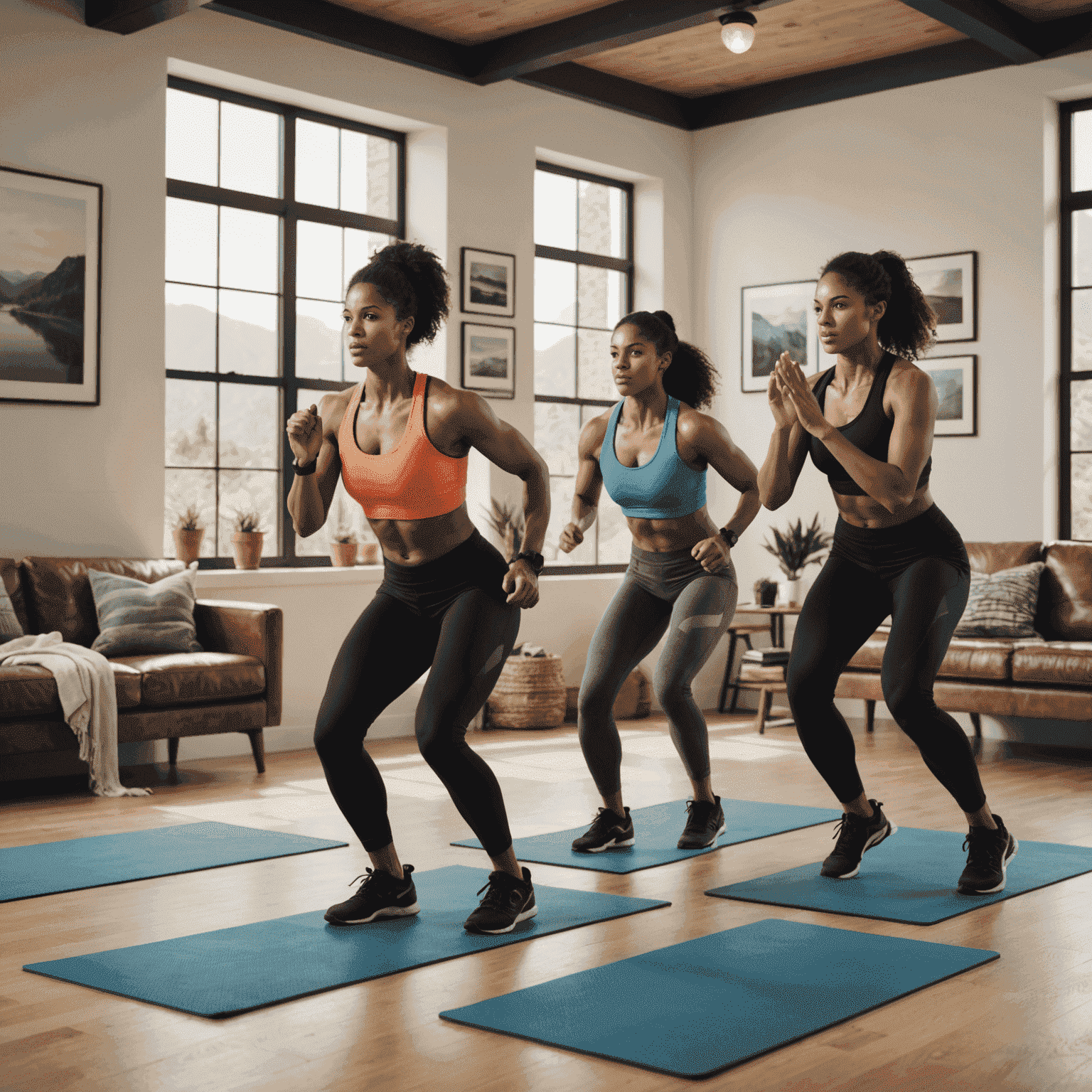 A diverse group of people engaged in a high-intensity interval training session, performing burpees, mountain climbers, and jump squats in a living room setting