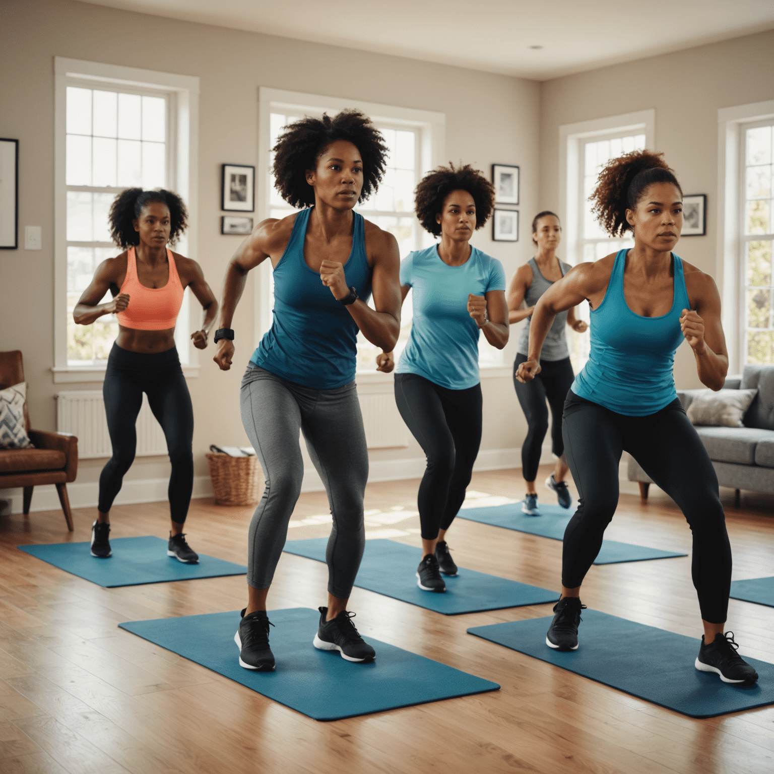 A group of diverse individuals performing high-intensity interval training exercises in a home setting, using bodyweight movements