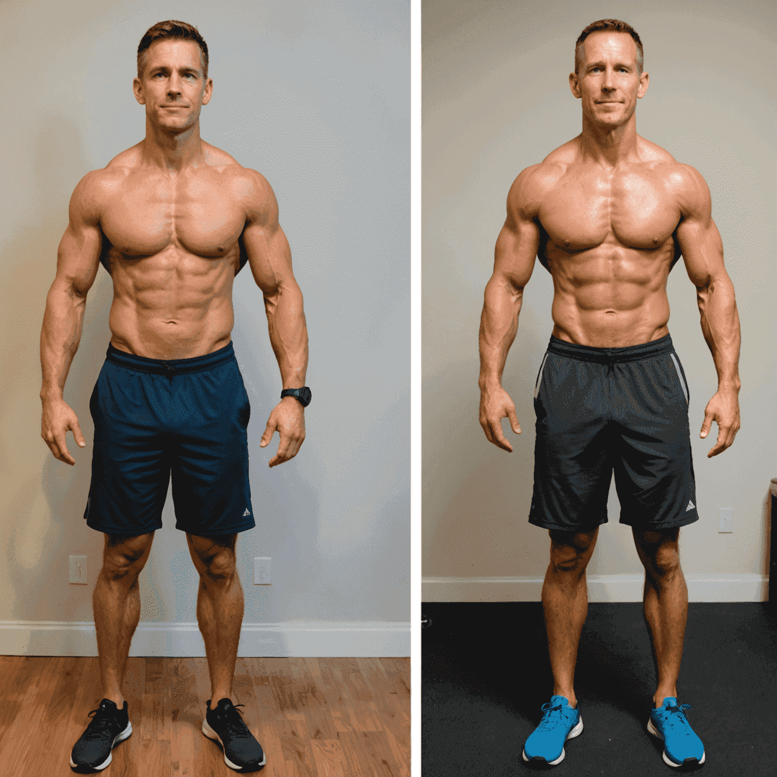 A before and after comparison of a person who has followed a balanced home workout routine for several weeks. The 'after' image shows visible improvements in muscle tone and overall body composition.