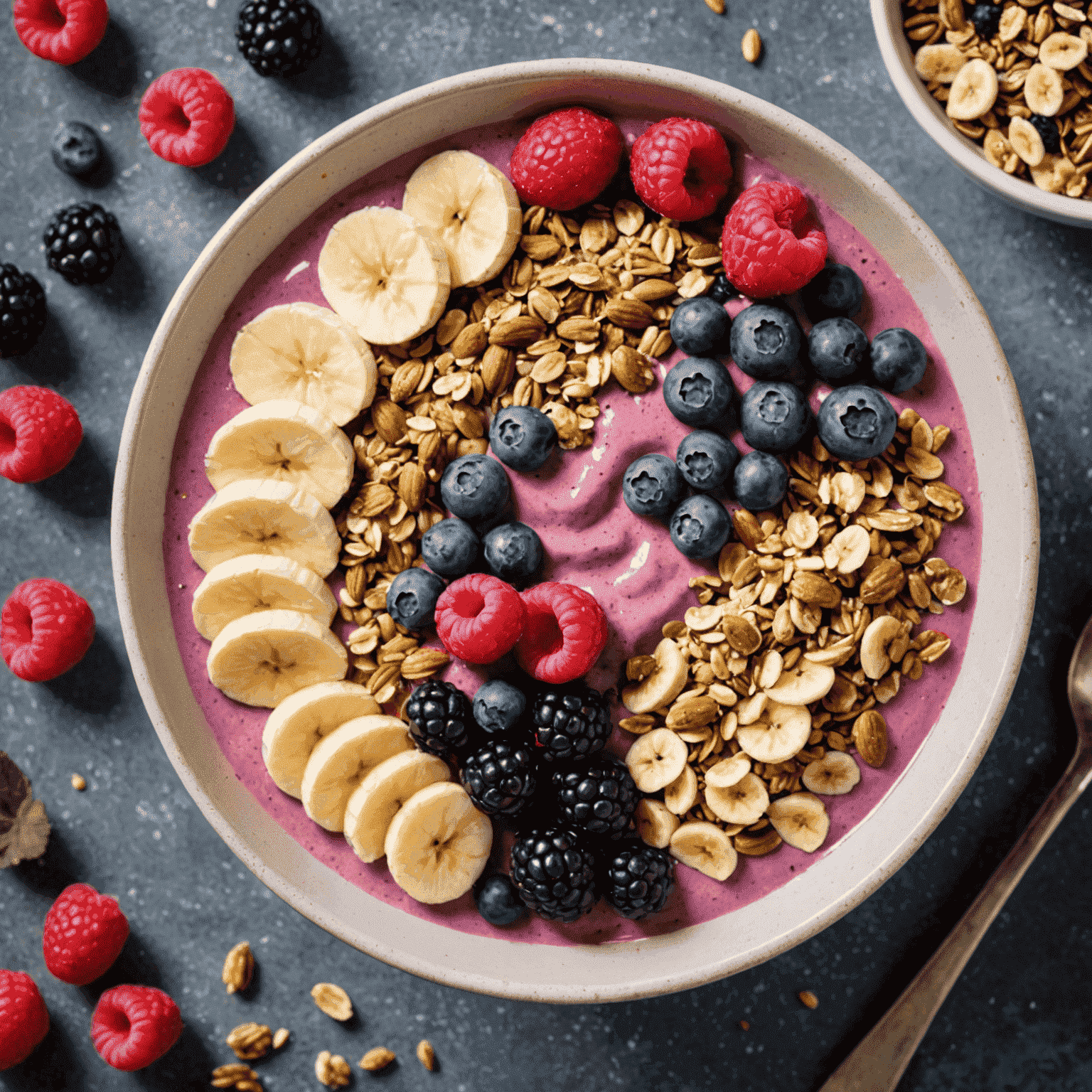 A post-workout smoothie bowl with protein powder, mixed berries, banana, and granola, ideal for recovery after home workouts