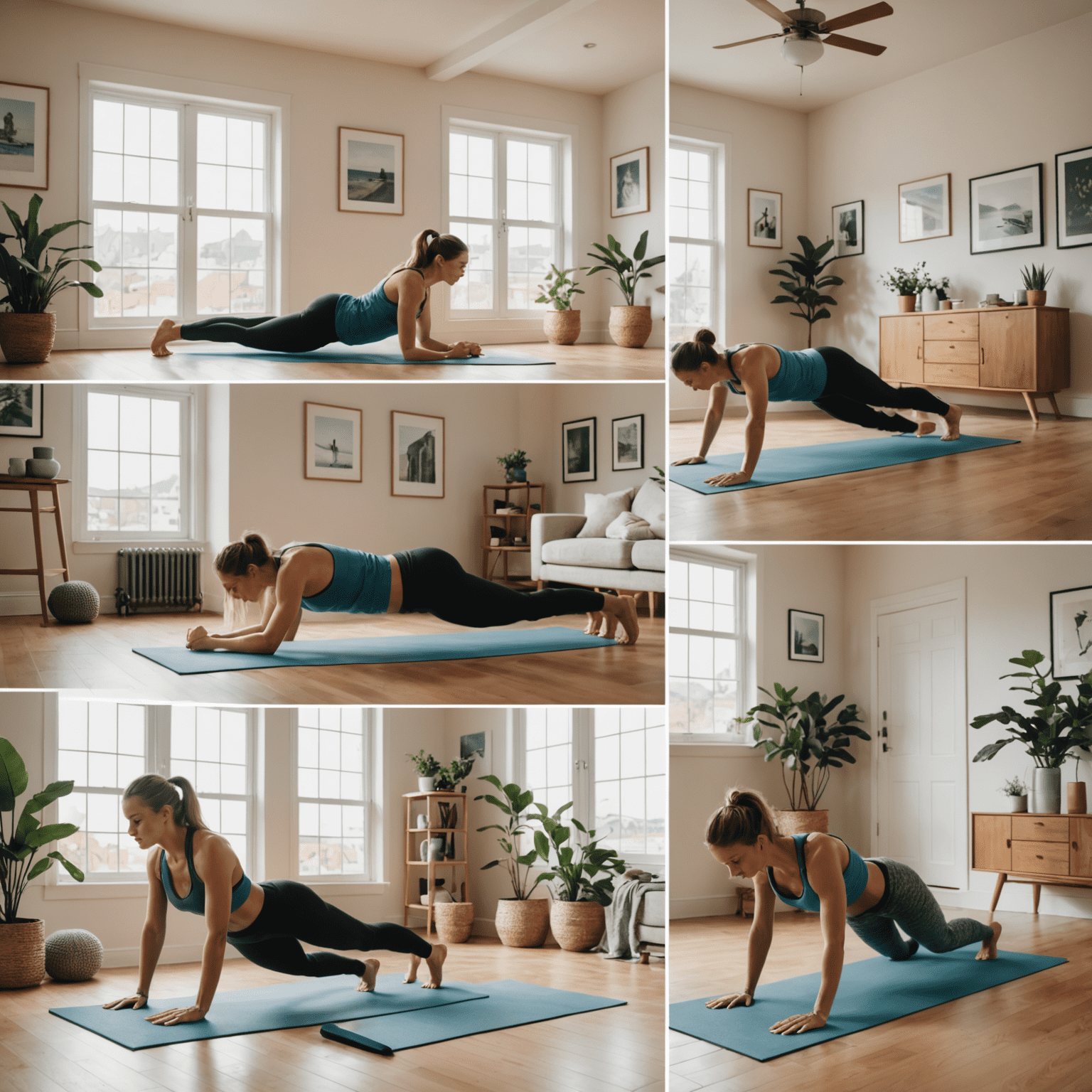 A collage showing different home workout scenes: a person doing push-ups, another using resistance bands, and someone practicing yoga, all in a cozy home environment