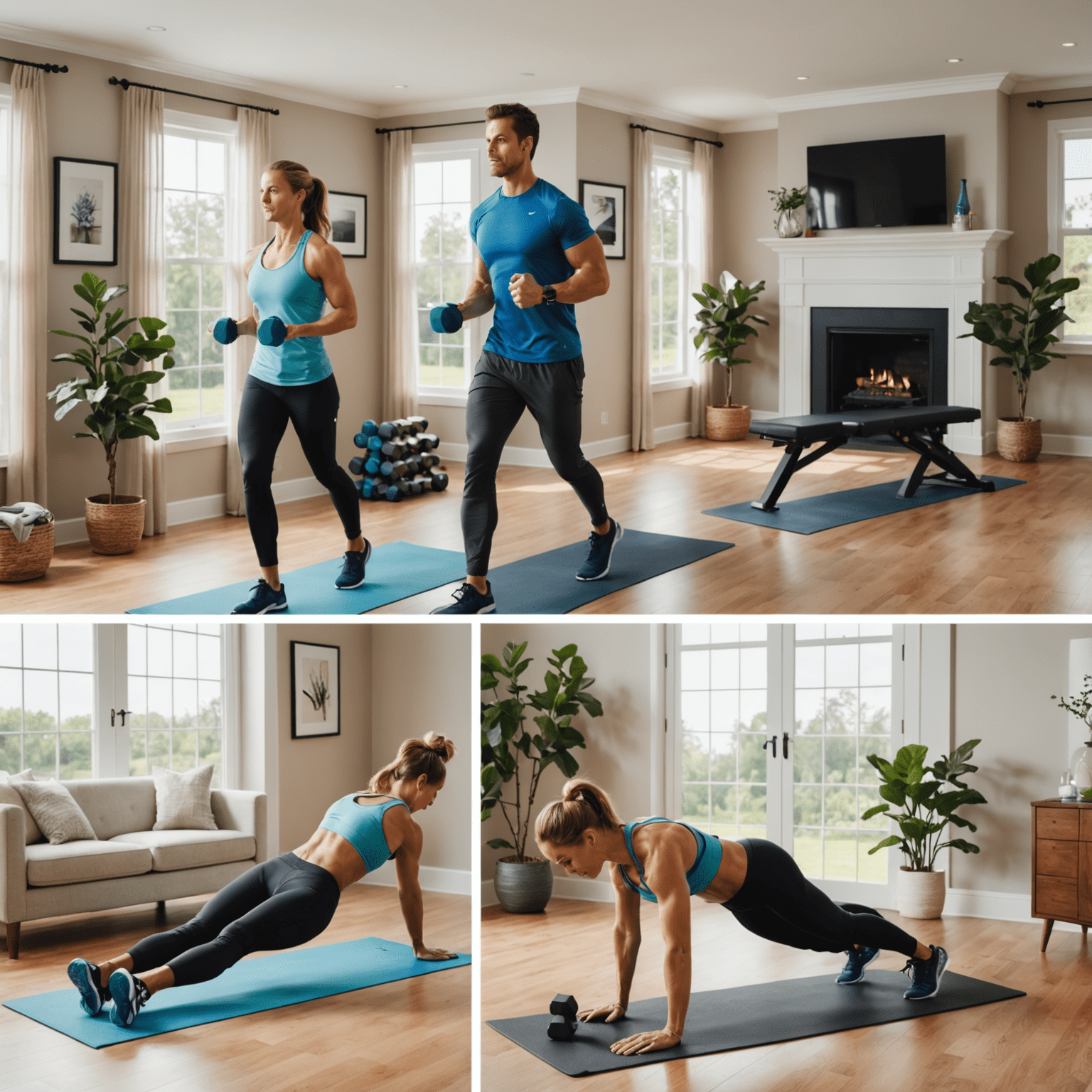 A split image showing three sections: strength training with dumbbells, cardio on a treadmill, and yoga for flexibility, all in a home environment