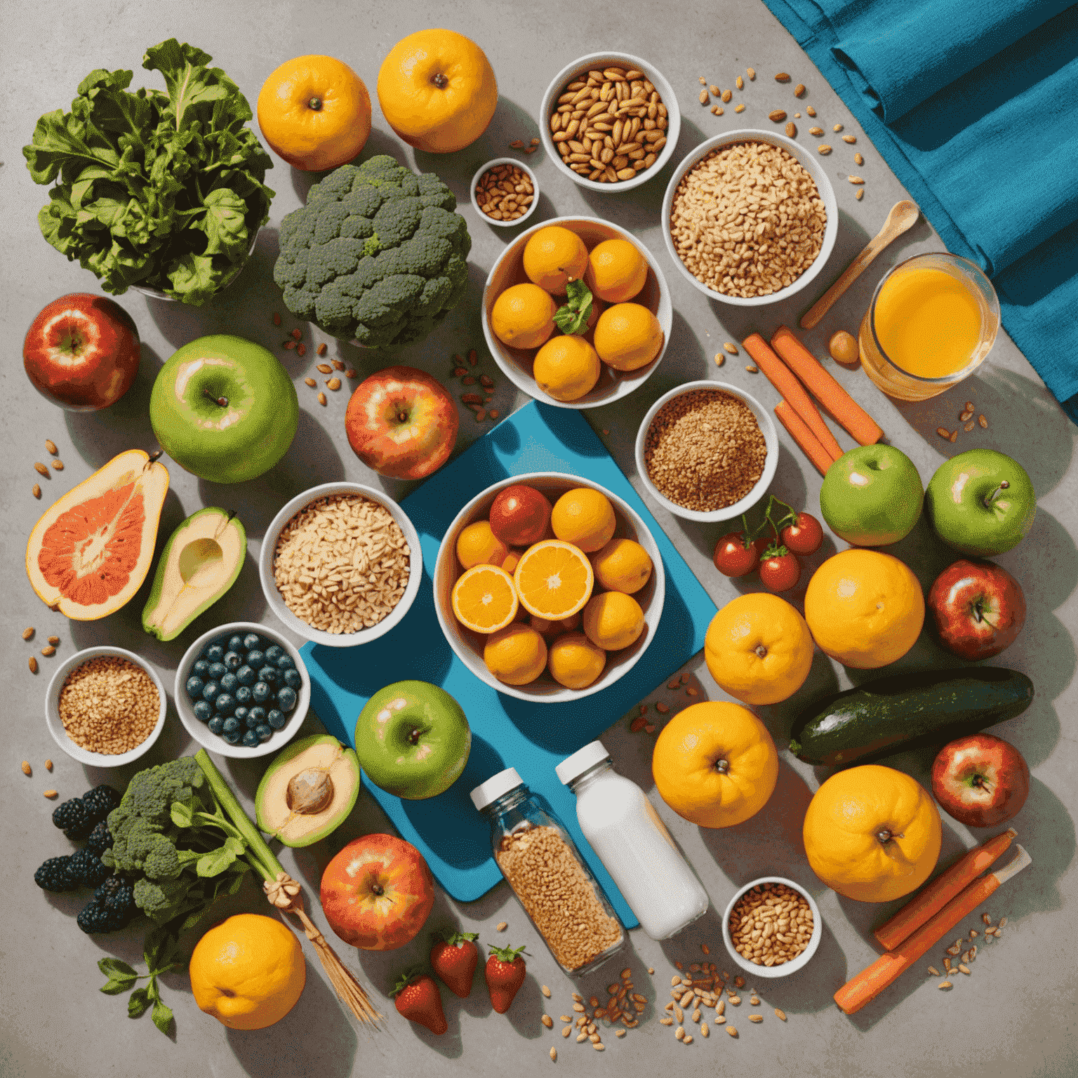 A colorful spread of healthy foods including fruits, vegetables, lean proteins, and whole grains, alongside a water bottle and exercise equipment